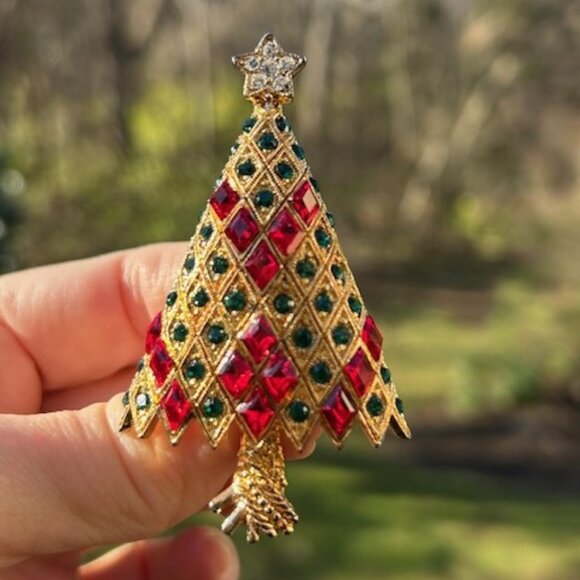 HOLIDAY🎄🎄EISENBERG ICE Gold Red/Green Swarovski Crystal Tree BROOCH - Picture 4 of 8